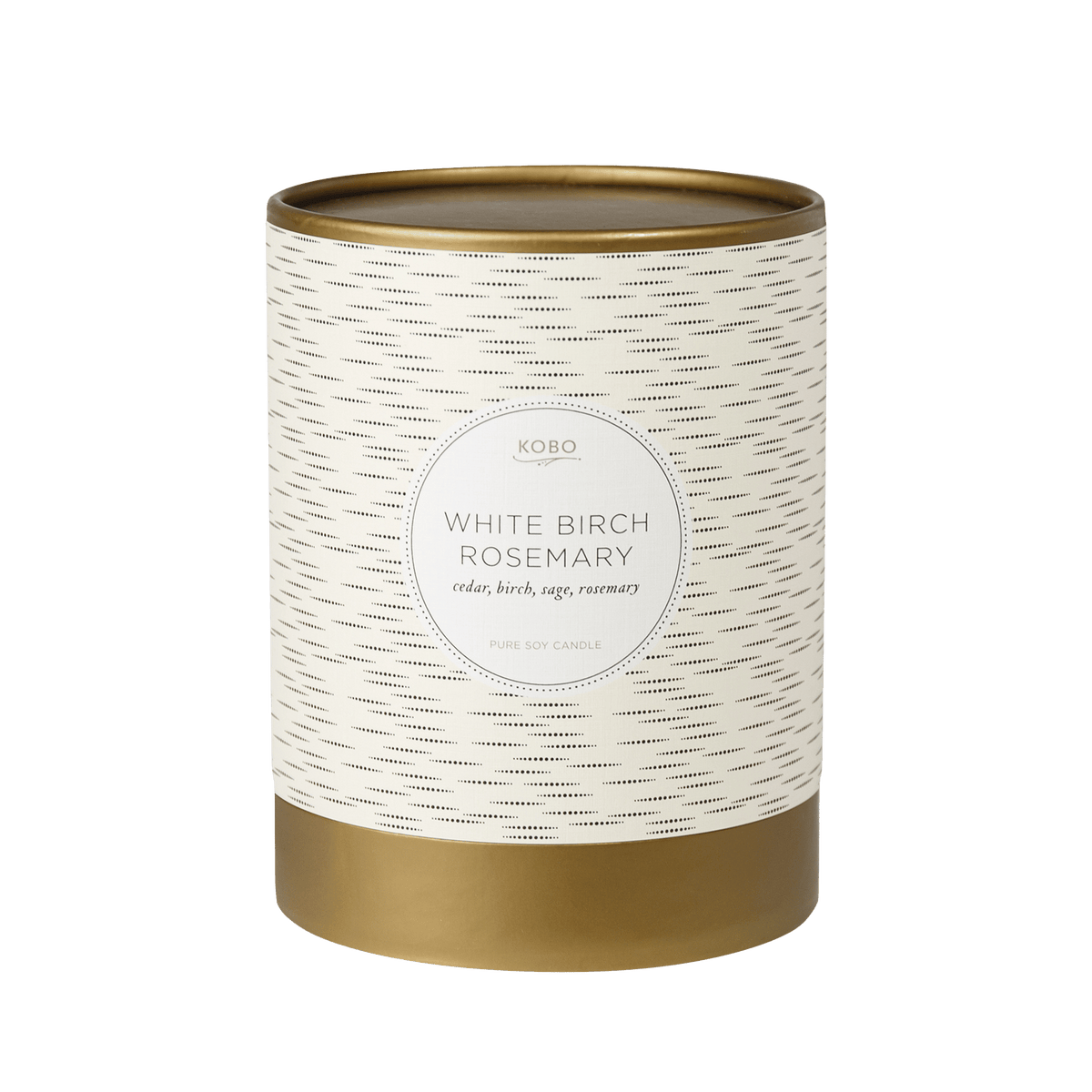Front view of a White Birch Rosemary candle showcasing its patterned cream canister and gold base with a transparent background