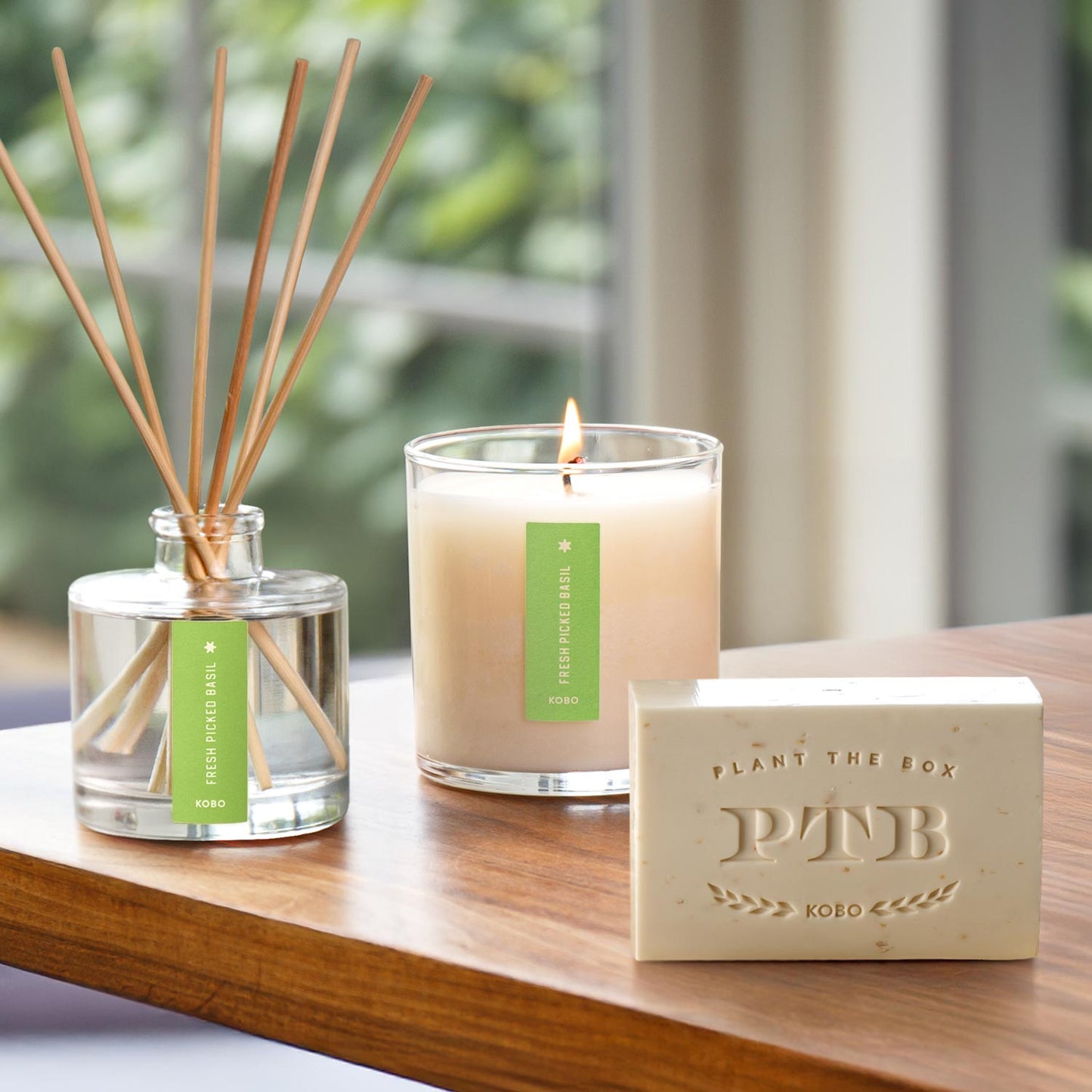 Alternate Image of Fresh Picked Basil Plant the Box Trio, bar soap diffuser and candle with green label