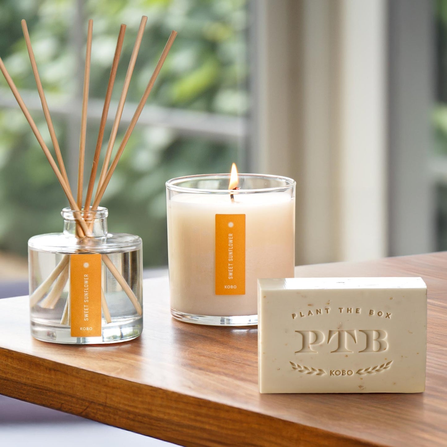 Alternate Image of Sweet Sunflower Plant the Box Trio, bar soap diffuser and candle with yellow label