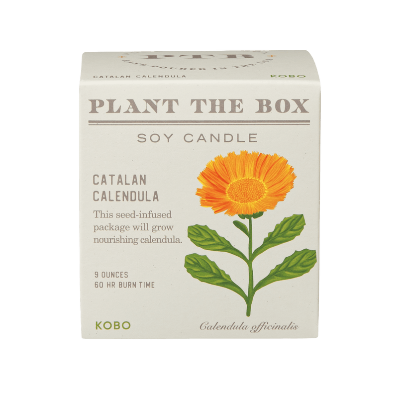 Front view of Catalan Calendula Plant The Box soy candle in a seed-infused box with a calendula illustration