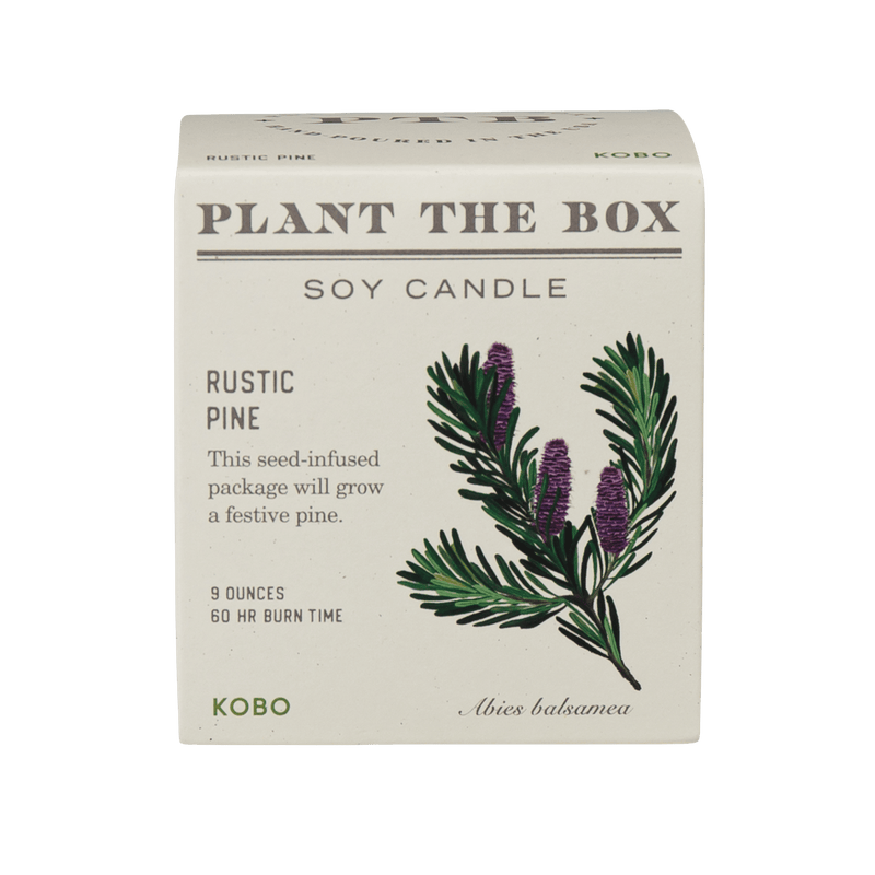 Front view of Plant the Box Rustic Pine soy candle showcasing seed infused packaging and pine artwork on a transparent background