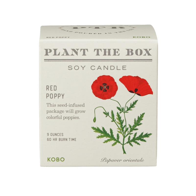 Front view of Red Poppy Plant The Box Candle, 9 ounces with a 60-hour burn time, in seed-infused packaging