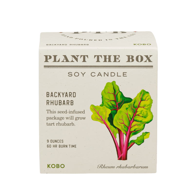 Front view of Plant The Box Backyard Rhubarb soy candle with seed-infused packaging on a transparent background