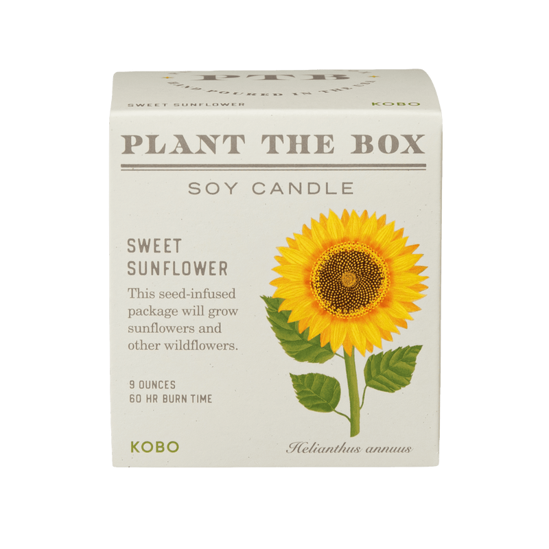 Front view of Plant The Box Sweet Sunflower soy candle showcasing seed-infused sunflower packaging