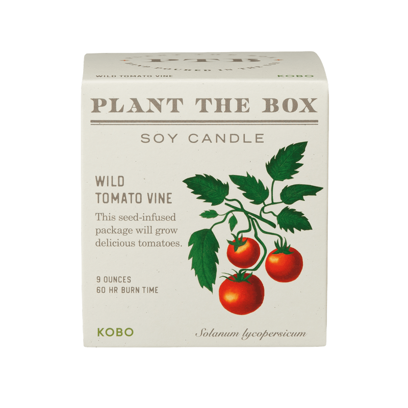 Front view of Plant The Box Wild Tomato Vine soy candle with tomato seed-infused packaging, 9-ounce size, 60-hour burn time
