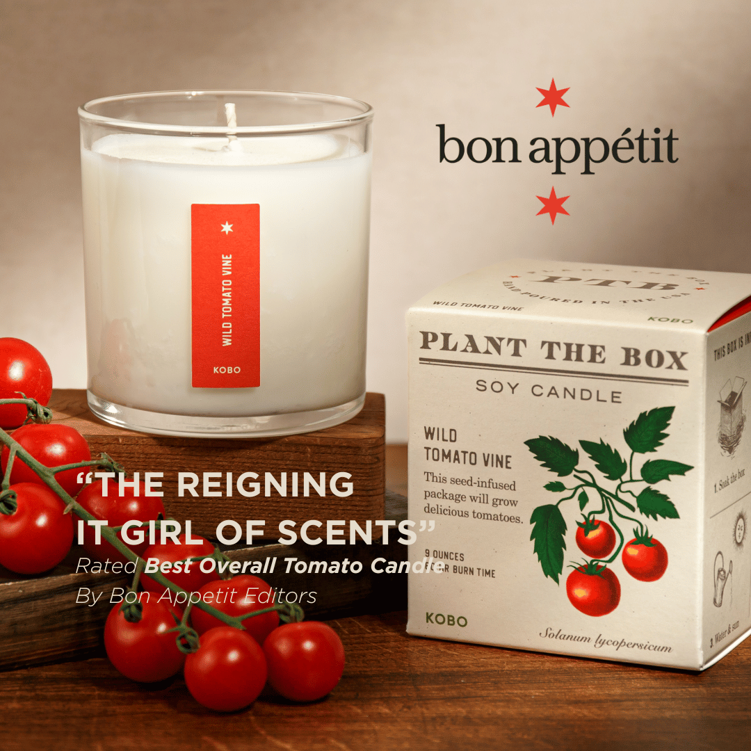 Front view of Wild Tomato Vine candle and Plant the Box packaging with The Reigning It Girl of Scents text and tomatoes