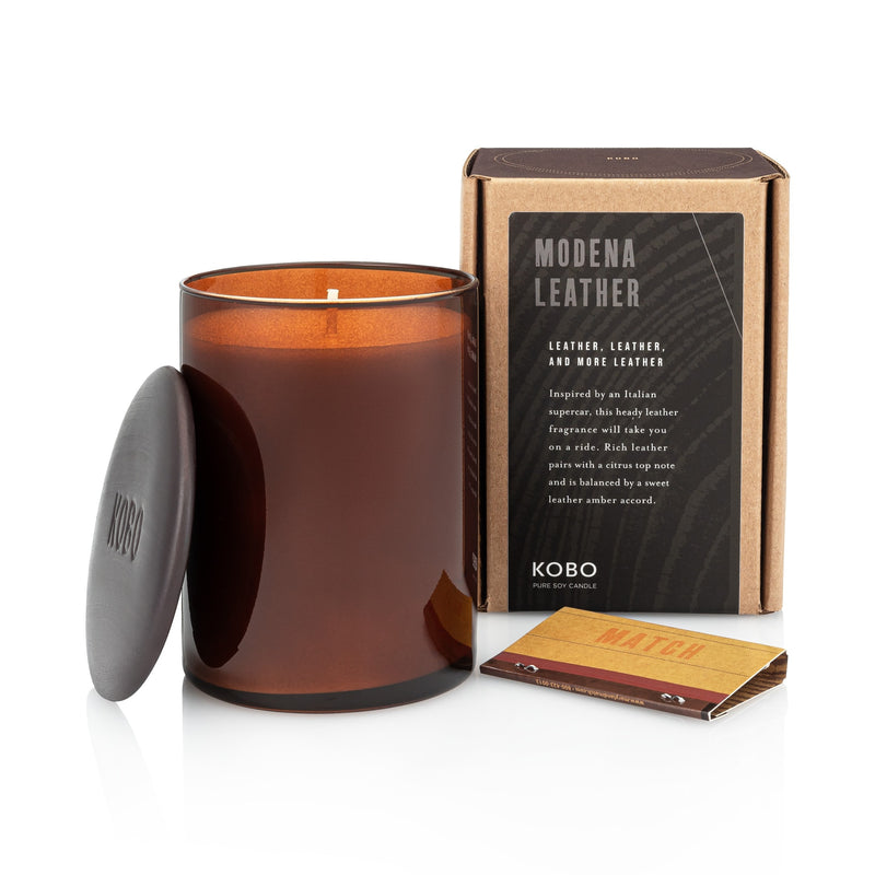 Primary Image of Modena Leather Woodblock 15 oz Candle