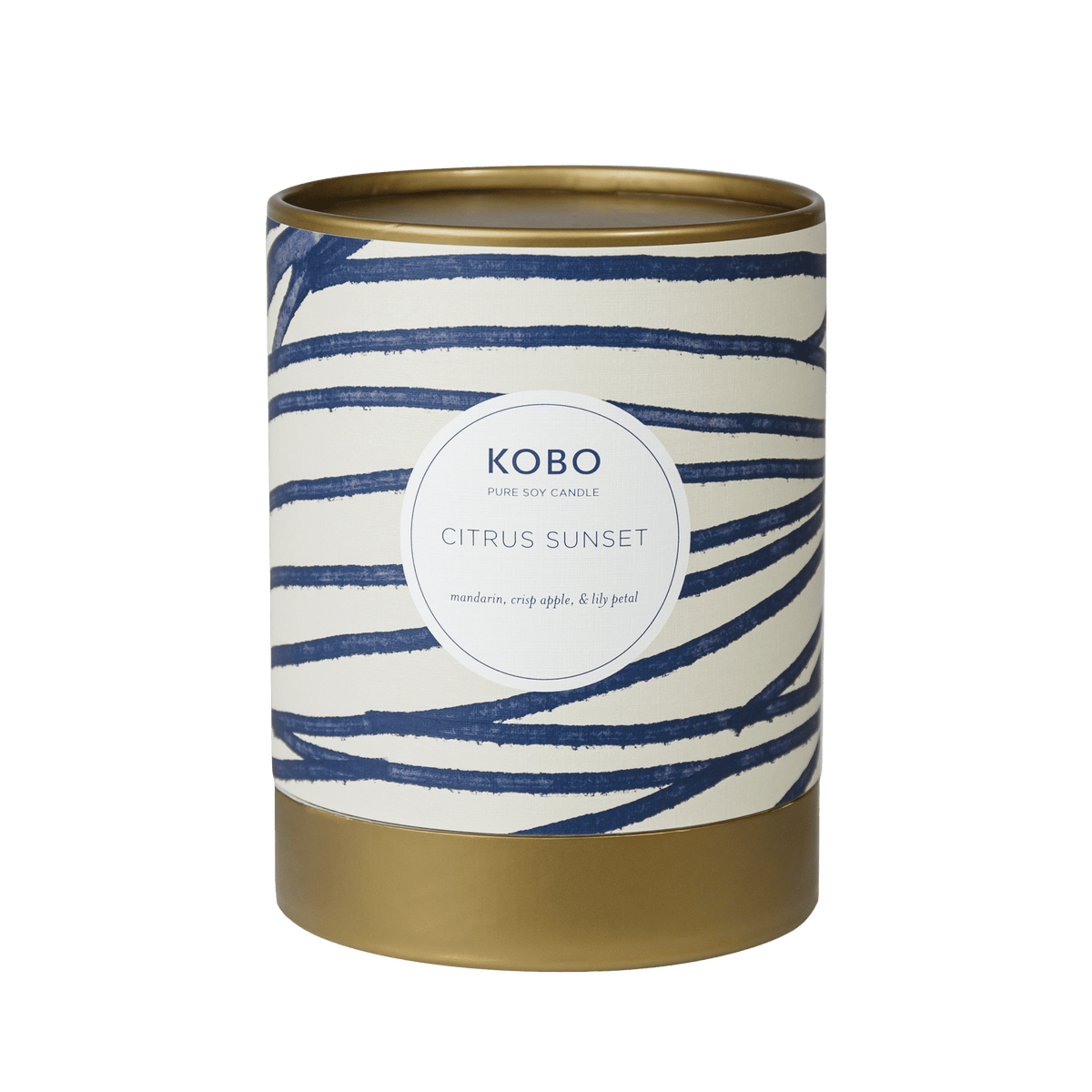 Front view of Citrus Sunset Coastal Candle showcasing navy wavy stripes and gold-tone base with a plain green background