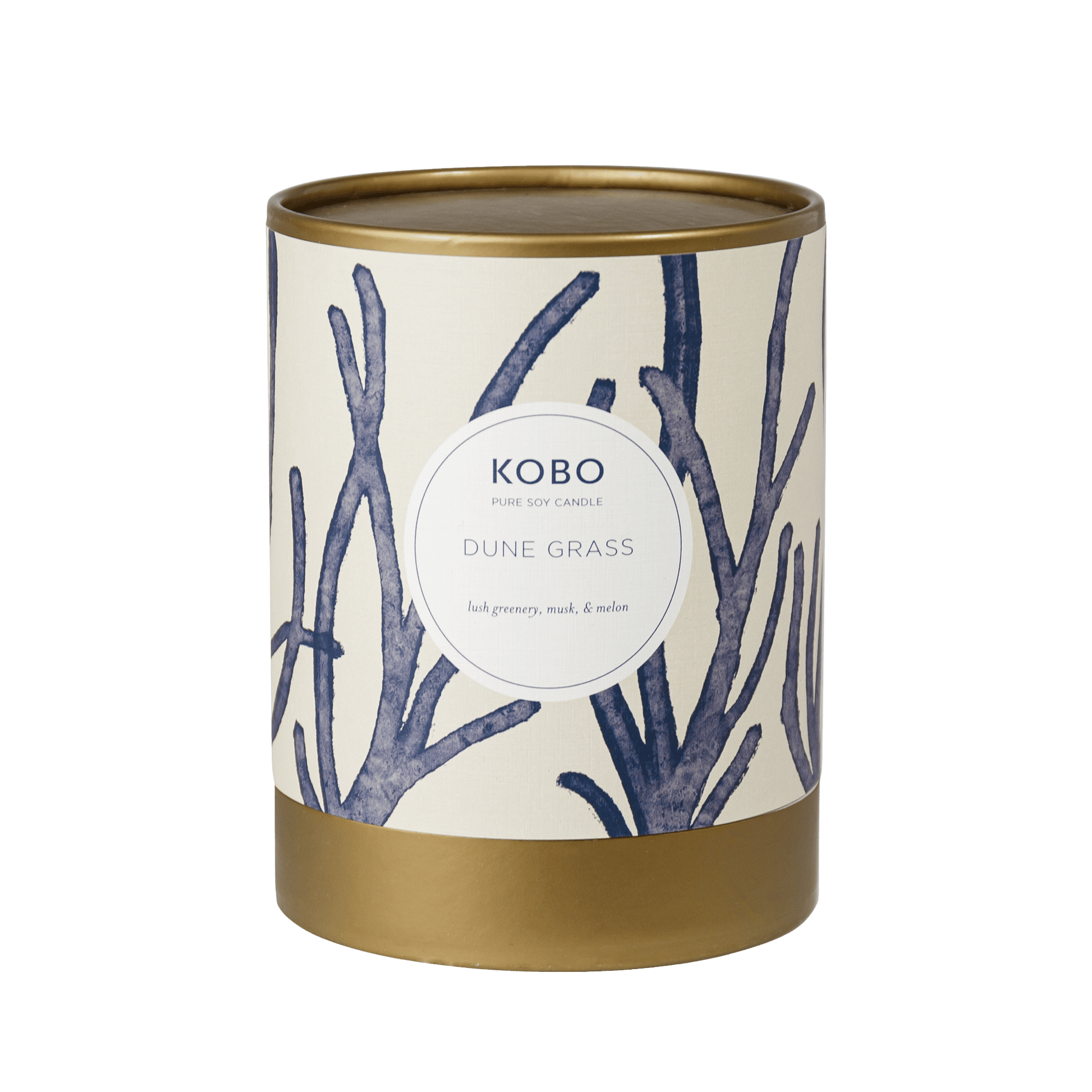 Front view of Dune Grass Coastal Candle showcasing a gold-toned tin with blue grass artwork against a green background