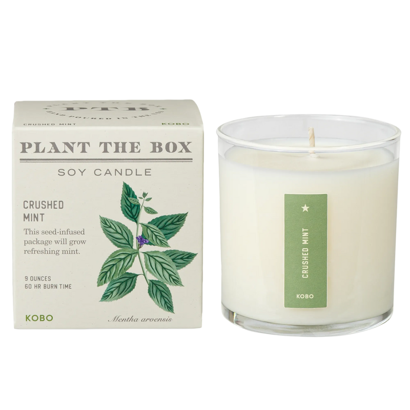 Front view of Crushed Mint Plant The Box Candle showcasing white wax, a matching box, mint artwork, and 9 ounce label