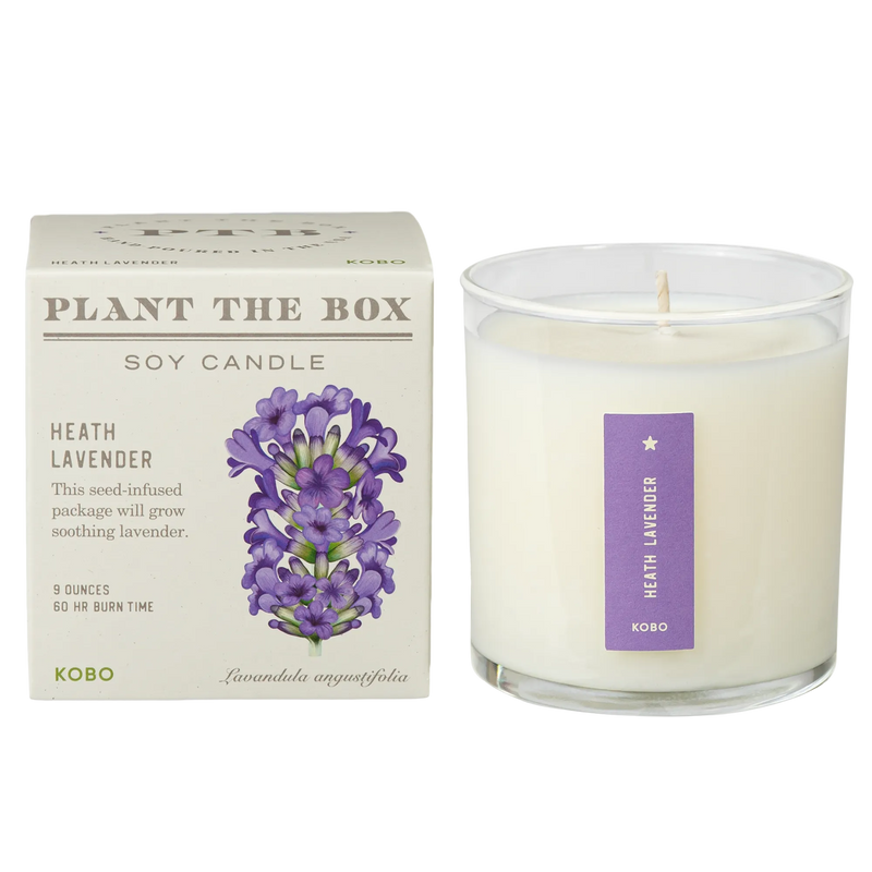 Front view of Heath Lavender Plant The Box 9 ounce soy candle and seed infused package with lavender artwork on white background