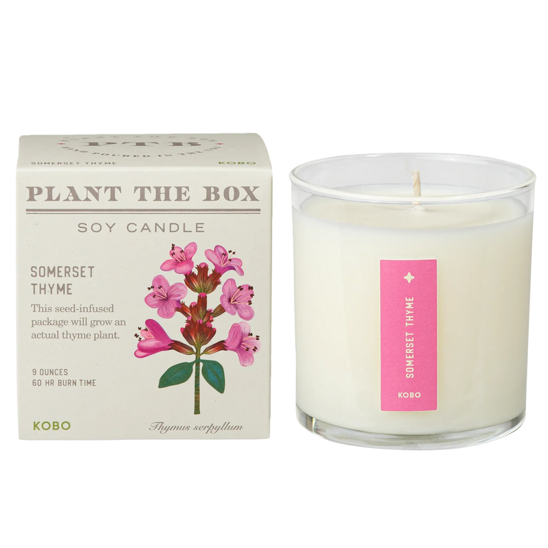 Front view of Somerset Thyme Plant The Box 9 ounce candle with 60 hour burn time and seed-infused package