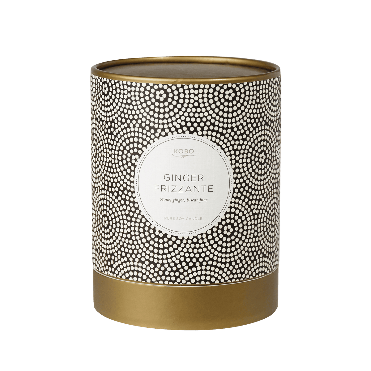 Front view of Ginger Frizzante Coterie 11 oz pure soy candle showcasing its black and white dotted vessel and gold base