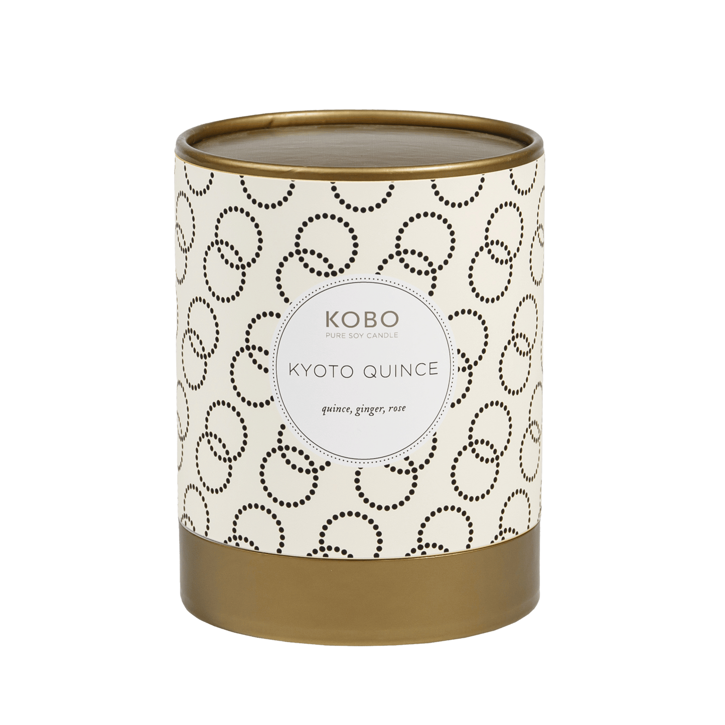 Front view of Kyoto Quince Coterie 11 oz candle with cream patterned vessel and gold base on green background