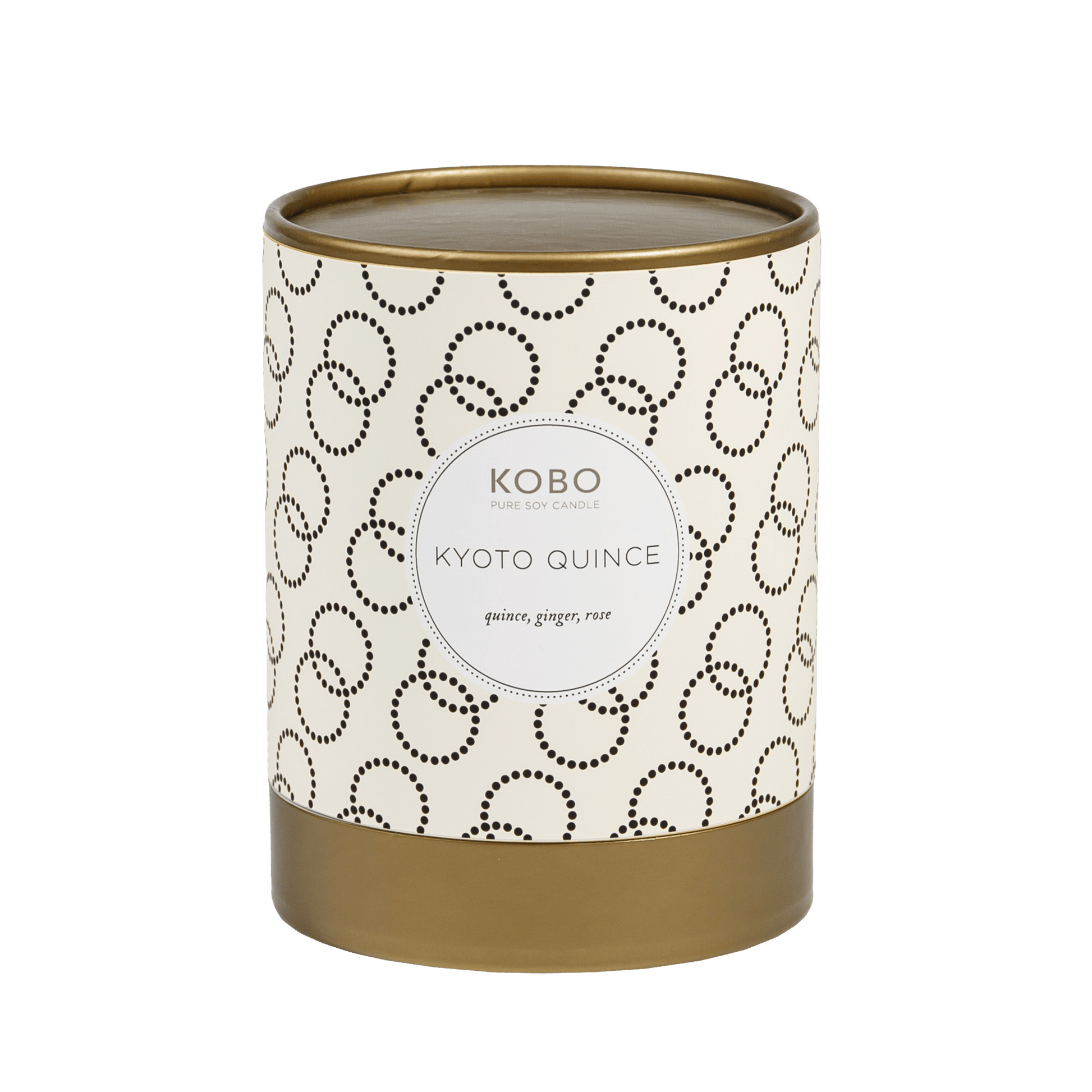 Front view of Kyoto Quince Coterie 11 oz candle with cream patterned vessel and gold base on green background
