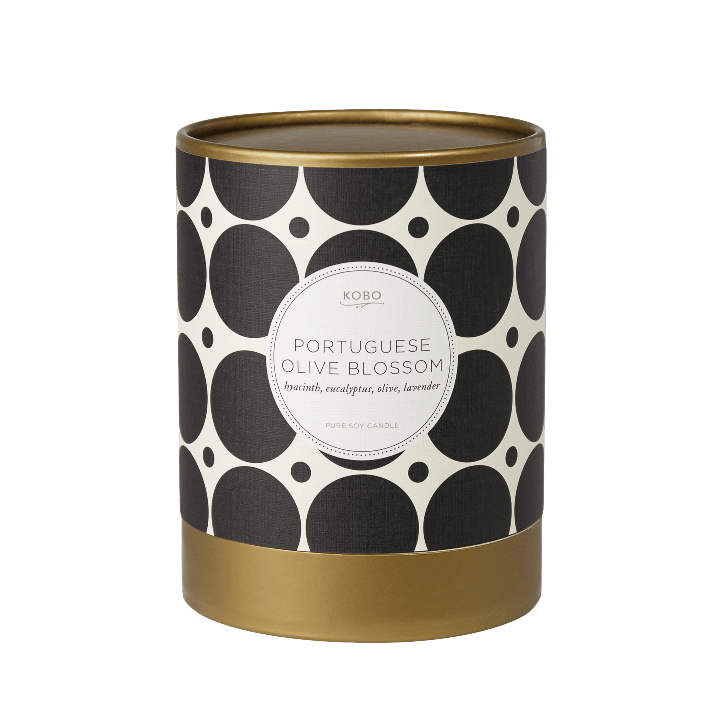 Front view of Portuguese Olive Blossom Coterie Candle showcasing black and white patterned vessel with gold base on a plain background