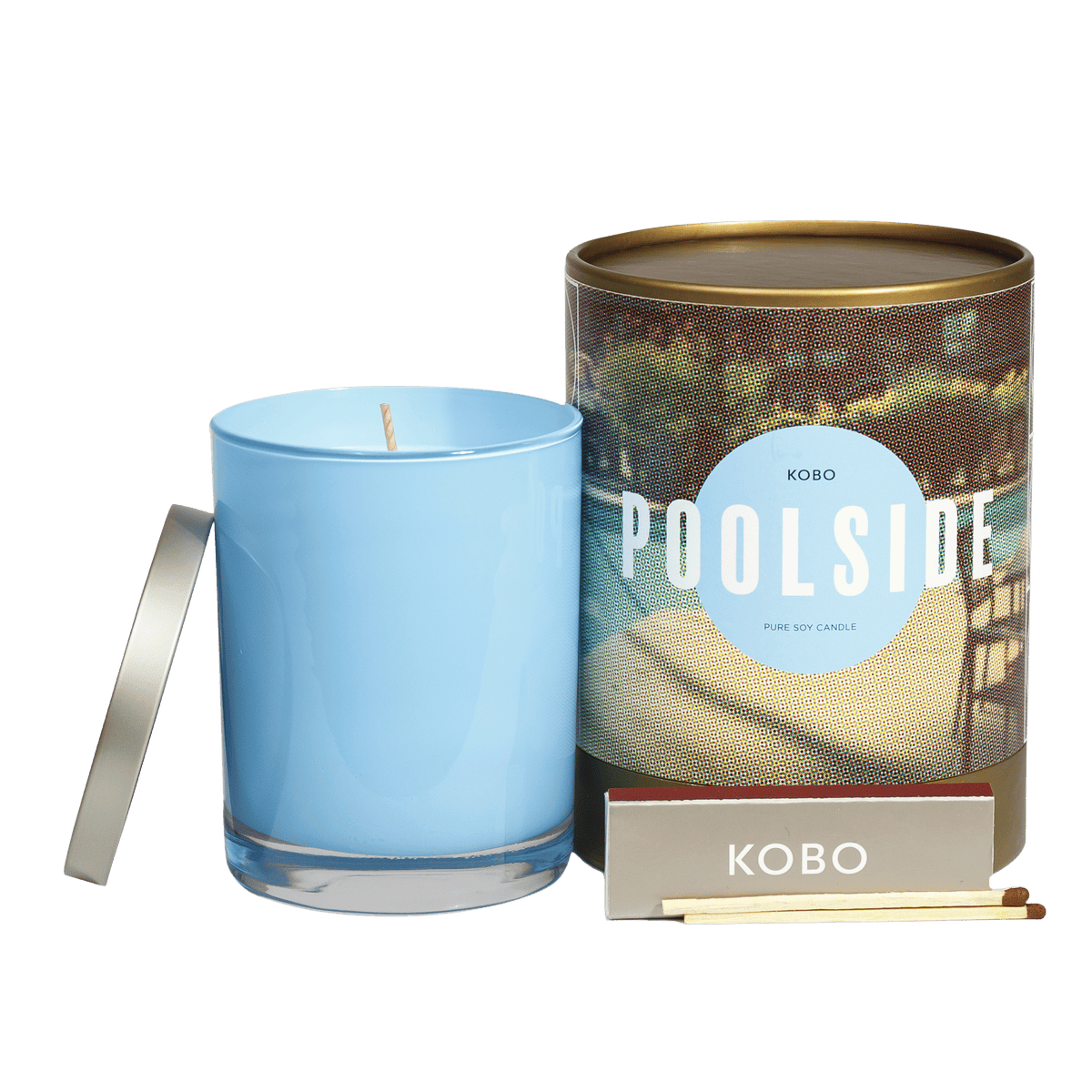 Front view of Poolside Road Trip 11 oz Pure Soy Candle showcasing a blue glass vessel, patterned tin, and matches