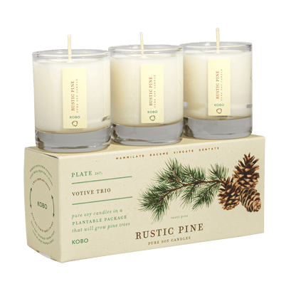 Front view of Rustic Pine Plant the Box votive candle trio in three glass jars on a pine illustrated plantable package
