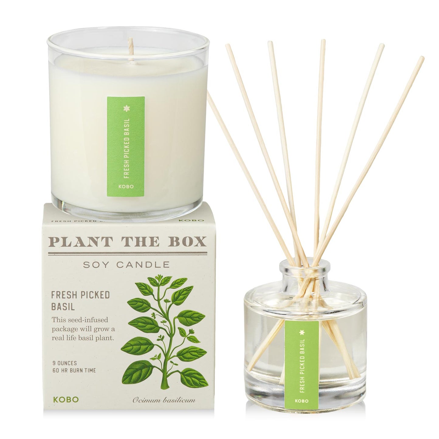 Primary Image of Fresh Picked Basil Plant the Box Duo, diffuser and candle with green label