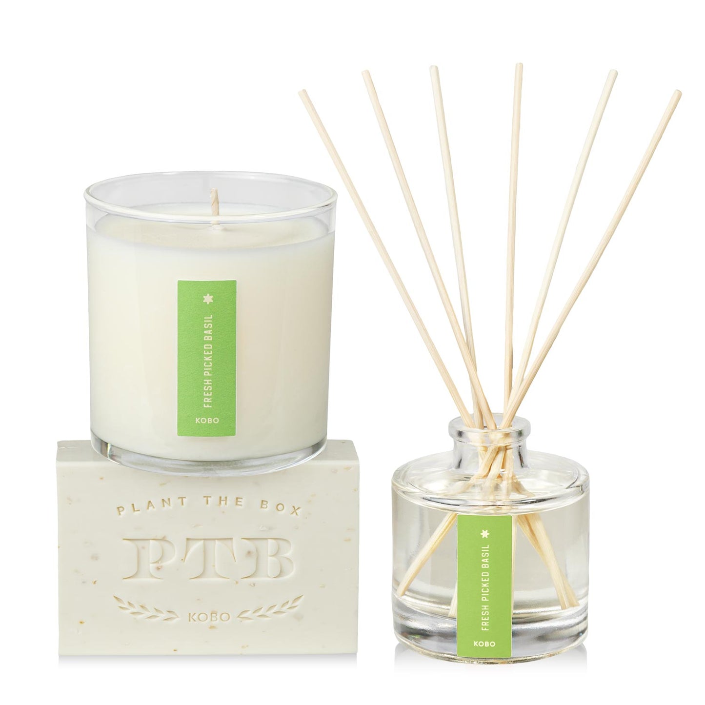 Primary Image of Fresh Picked Basil Plant the Box Trio, bar soap diffuser and candle with green label
