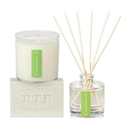 Primary Image of Fresh Picked Basil Plant the Box Trio, bar soap diffuser and candle with green label