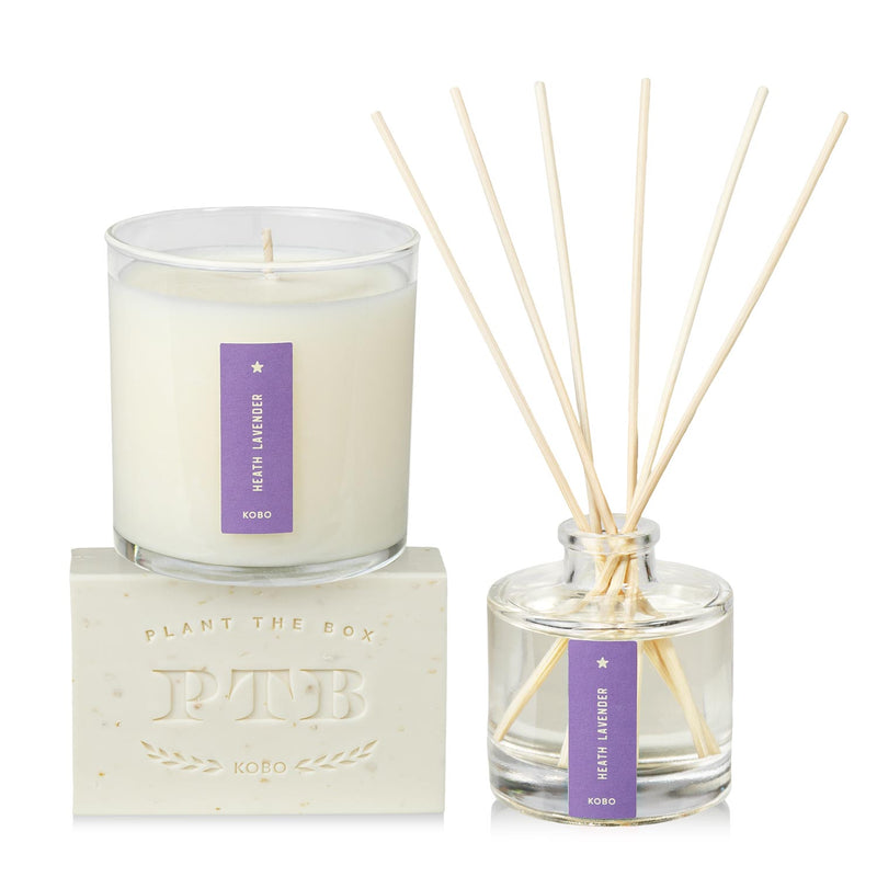 Primary Image of Heath Lavender Plant the Box Trio, bar soap diffuser and candle with purple label