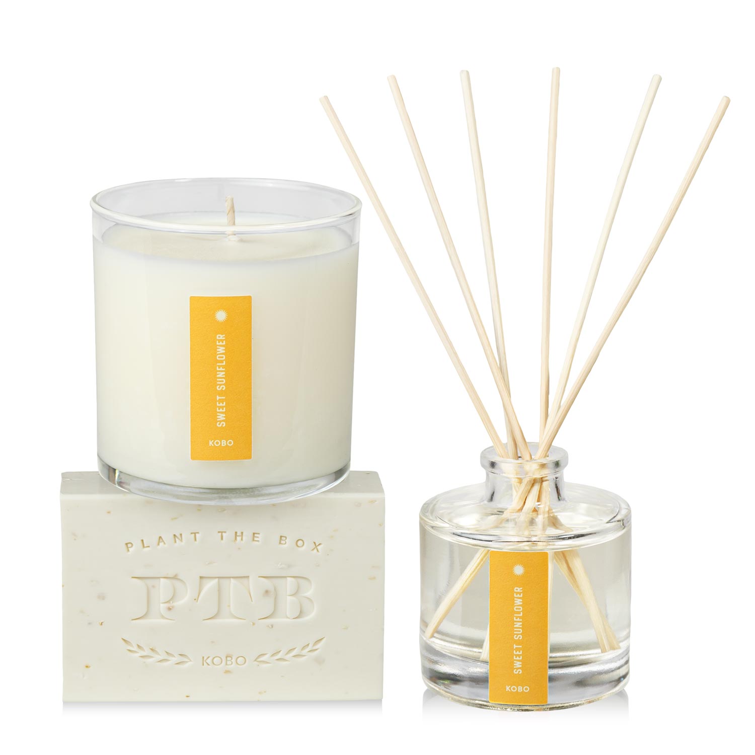 Primary Image of Sweet Sunflower Plant the Box Trio, bar soap diffuser and candle with yellow label