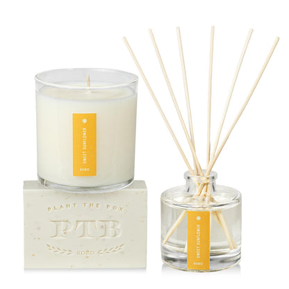 Primary Image of Sweet Sunflower Plant the Box Trio, bar soap diffuser and candle with yellow label