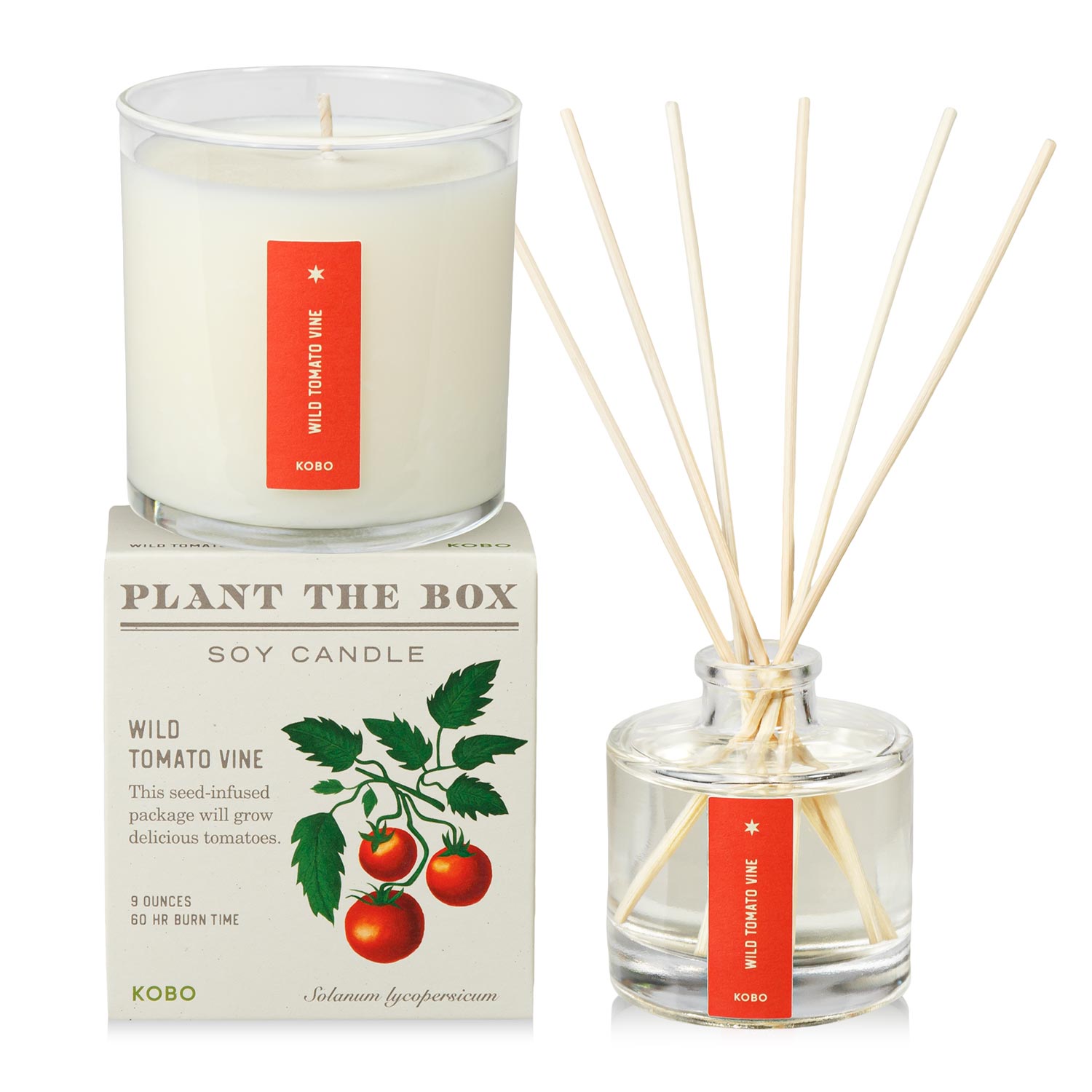 Primary Image of Wild Tomato Vine Plant the Box Duo, diffuser and candle with red label