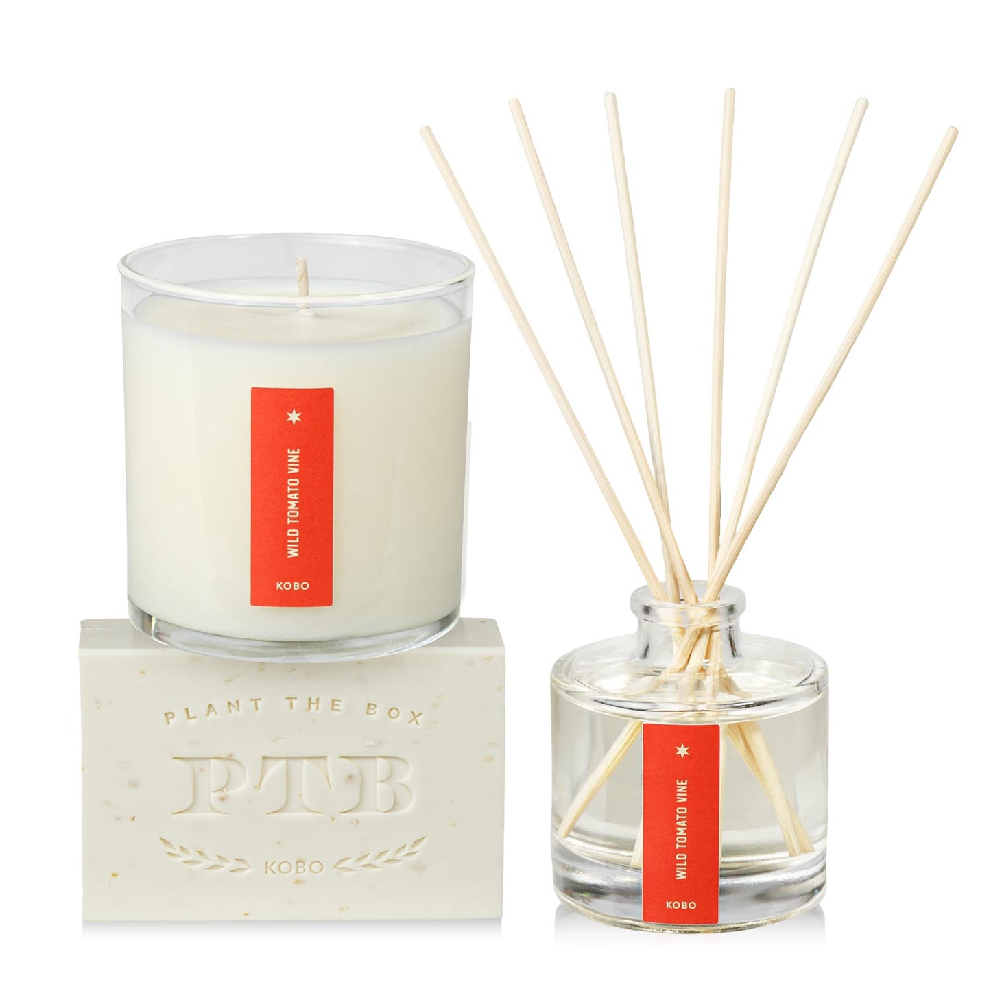 Primary Image of Wild Tomato Vine Plant the Box Trio, bar soap diffuser and candle with red label