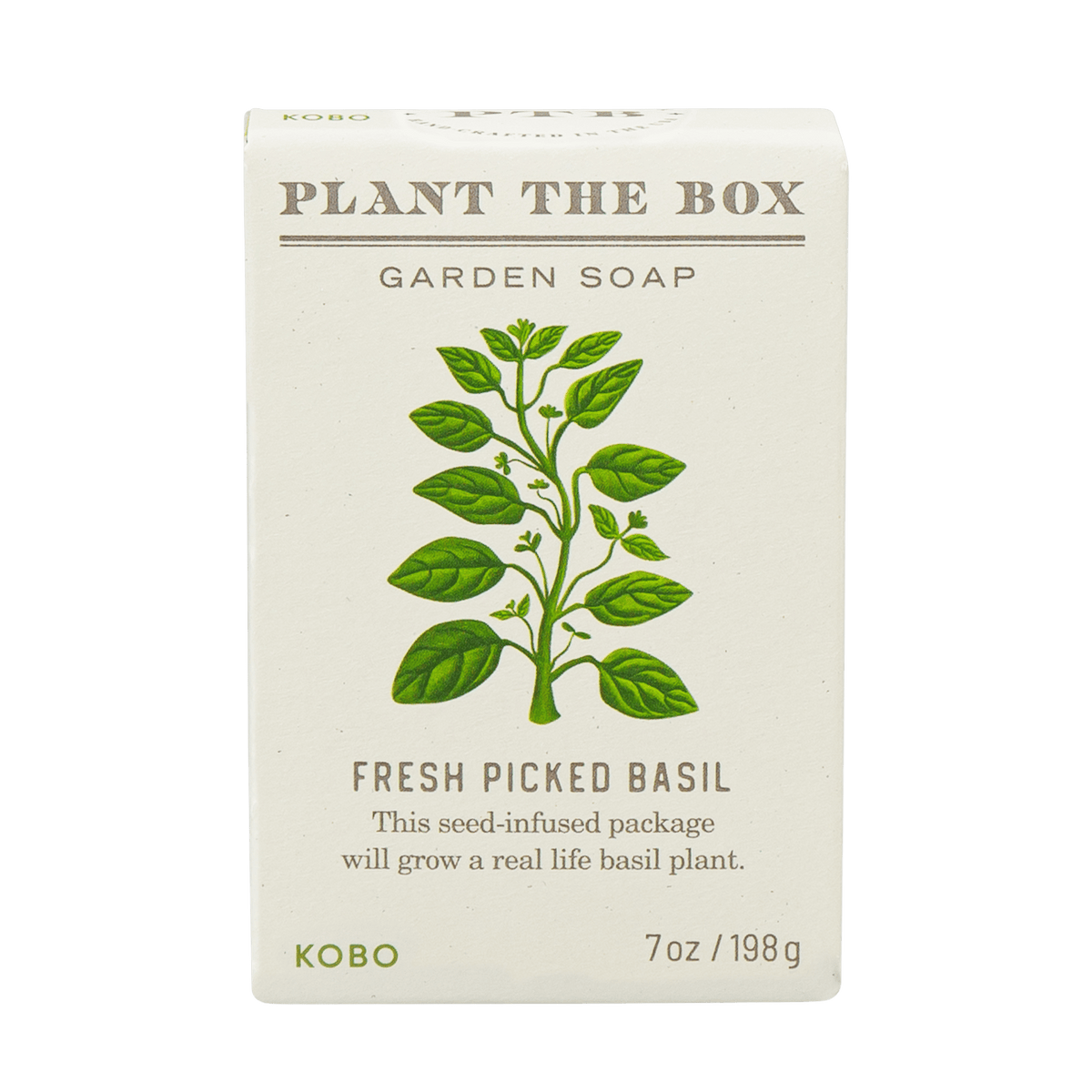 Front view of Fresh Picked Basil Plant the Box 7 oz Bar Soap showcasing a basil illustration on a seed-infused package