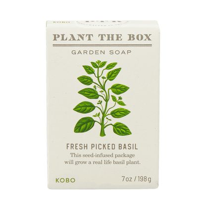 Front view of Fresh Picked Basil Plant the Box 7 oz Bar Soap showcasing a basil illustration on a seed-infused package