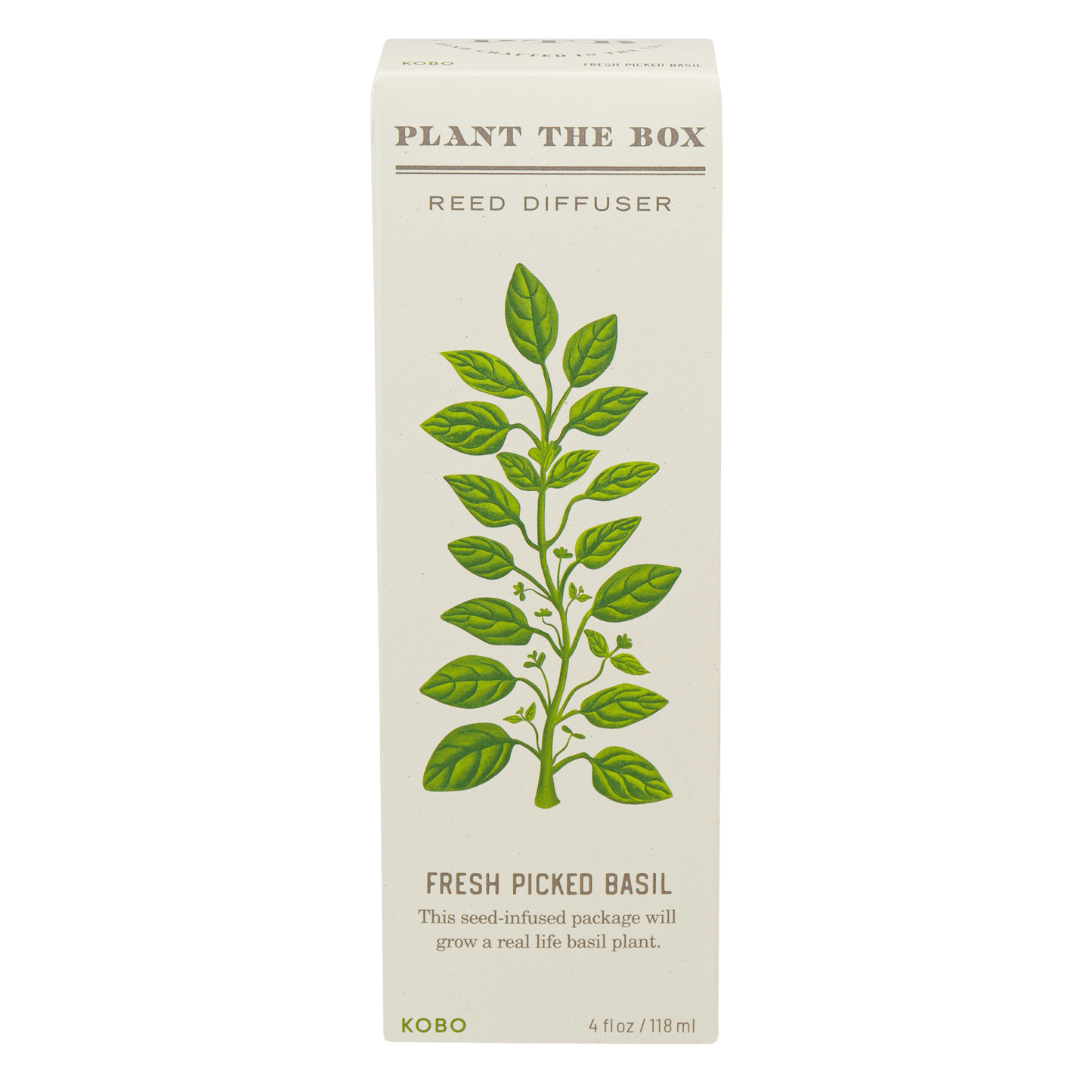 Front view of Fresh Picked Basil Plant the Box 4 oz Diffuser showing basil artwork on transparent background