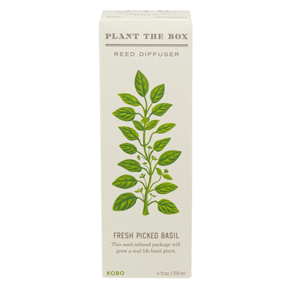 Front view of Fresh Picked Basil Plant the Box 4 oz Diffuser showing basil artwork on transparent background