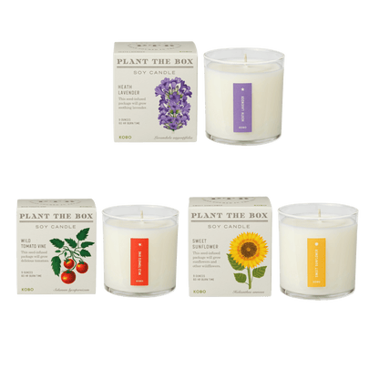 Front view of the Bestselling Botanicals Plant the Box Candle Trio with three boxed soy candles and matching jars