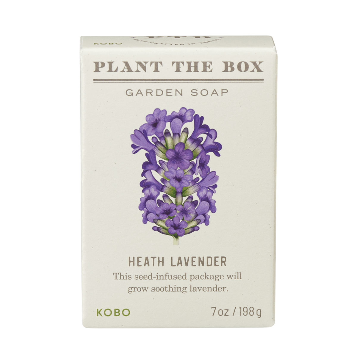 Front view of Plant The Box Heath Lavender garden soap showcasing seed-infused packaging, lavender artwork and 7-ounce bar