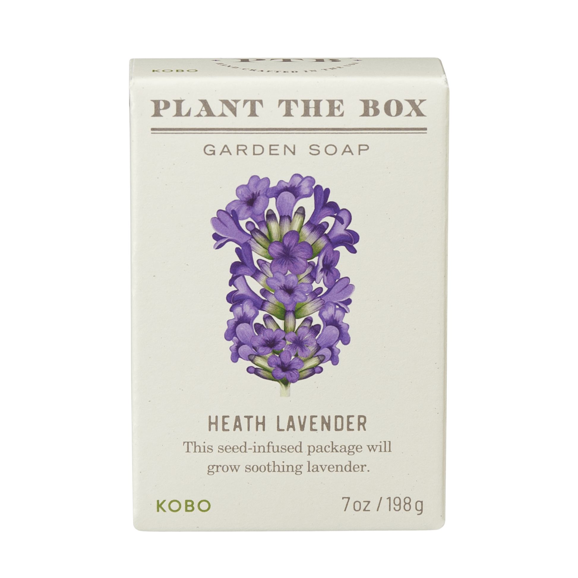 Front view of Plant The Box Heath Lavender garden soap showcasing seed-infused packaging, lavender artwork and 7-ounce bar