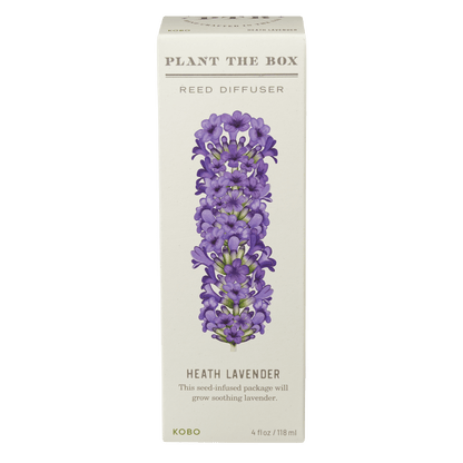 Front view of Heath Lavender Plant the Box Diffuser showcasing purple lavender artwork on a cream box with transparent background
