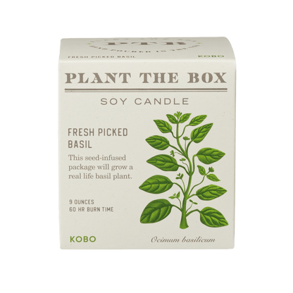 Front view of Plant The Box Fresh Picked Basil soy candle showcasing basil plant packaging with a transparent background
