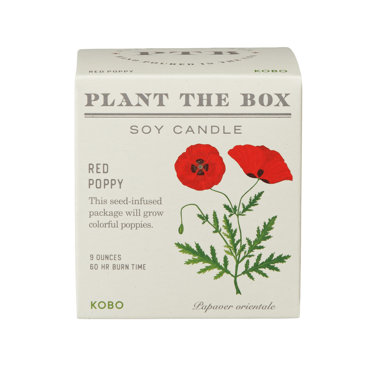 Front view of Red Poppy Plant The Box Candle, 9 ounces with a 60-hour burn time, in seed-infused packaging