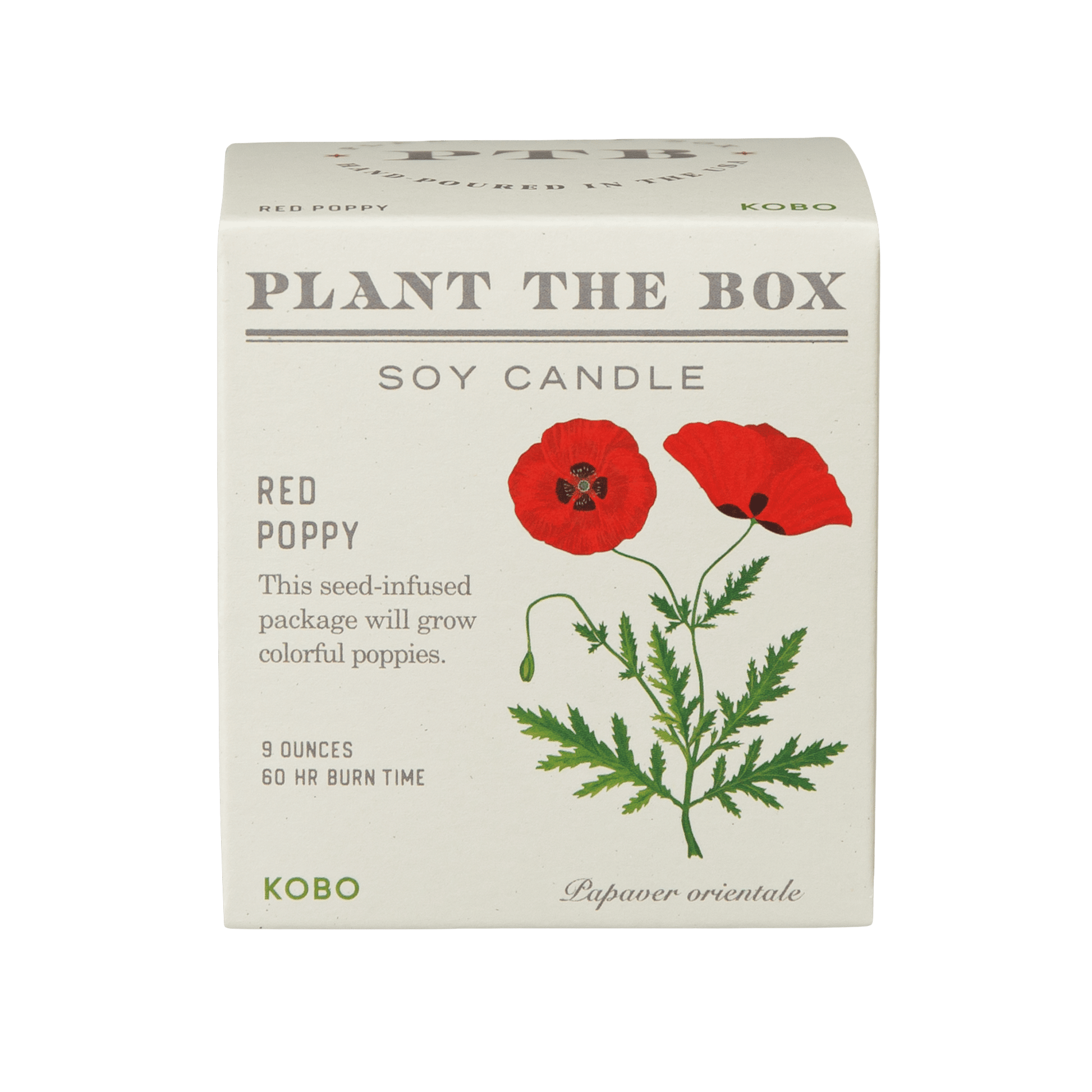 Front view of Red Poppy Plant The Box Candle, 9 ounces with a 60-hour burn time, in seed-infused packaging