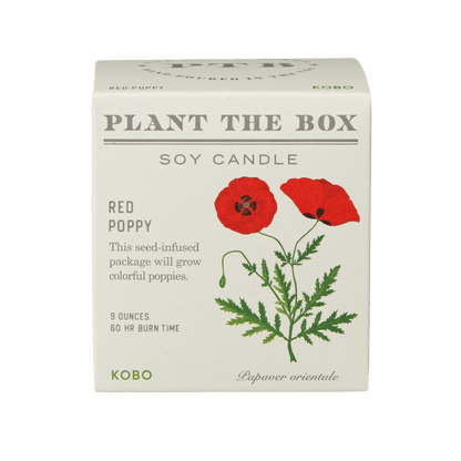 Front view of Red Poppy Plant The Box Candle, 9 ounces with a 60-hour burn time, in seed-infused packaging