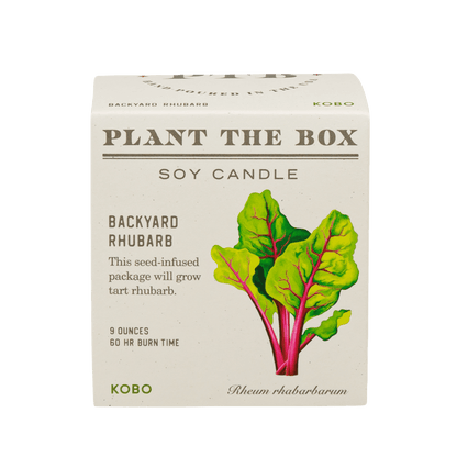 Front view of Backyard Rhubarb Plant the Box 9 oz soy candle with rhubarb illustration on transparent background