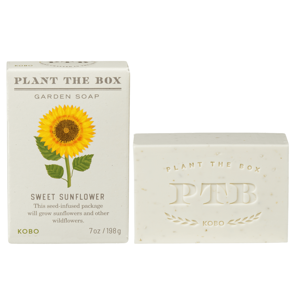 Front view of Sweet Sunflower Plant the Box Bar Soap showcasing sunflower packaging and embossed bar with transparent background