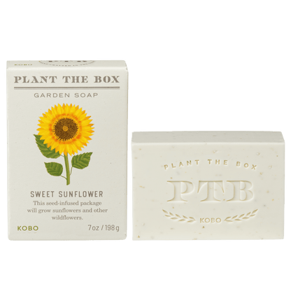 Front view of Sweet Sunflower Plant the Box Bar Soap showcasing sunflower packaging and embossed bar with transparent background