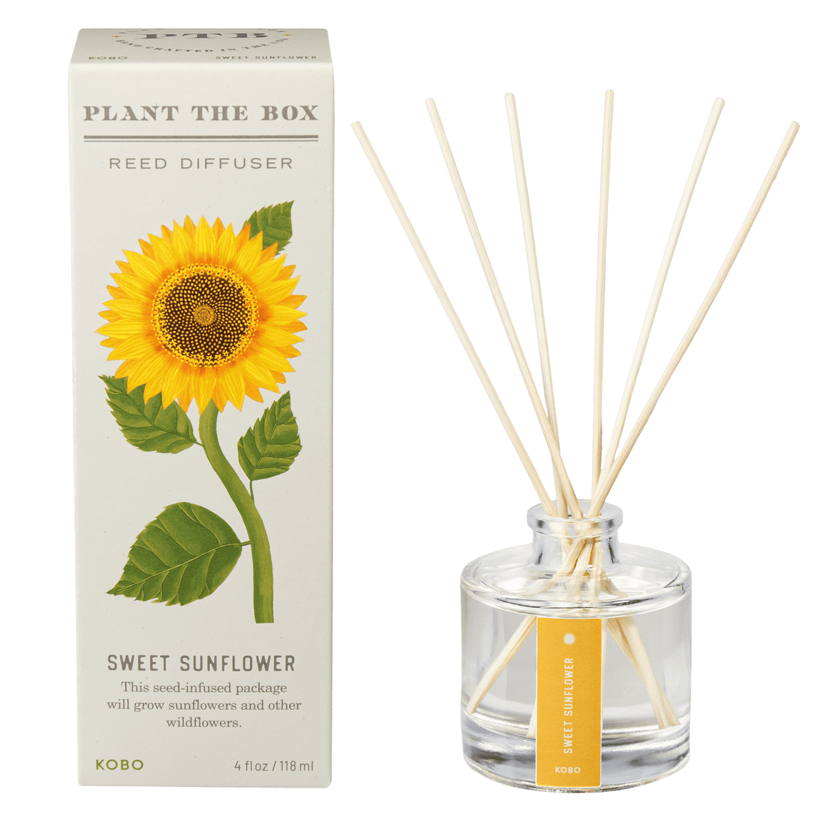 Front view of Sweet Sunflower Plant the Box Diffuser showcasing sunflower artwork on a cream package, clear vessel, and reeds