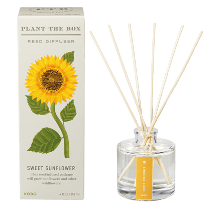 Front view of Sweet Sunflower Plant the Box Diffuser showcasing sunflower artwork on a cream package, clear vessel, and reeds