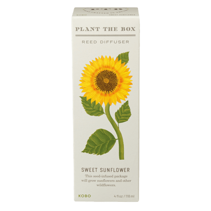Front view of Sweet Sunflower Plant the Box Diffuser showcasing sunflower artwork on a cream package