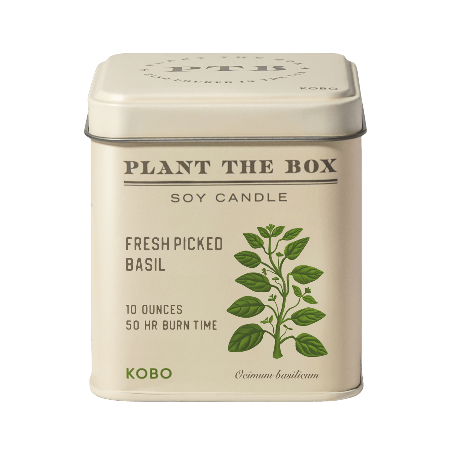 Front view of Fresh Picked Basil Plant the Box 10 ounce tin candle with basil illustration and 50 hour burn time