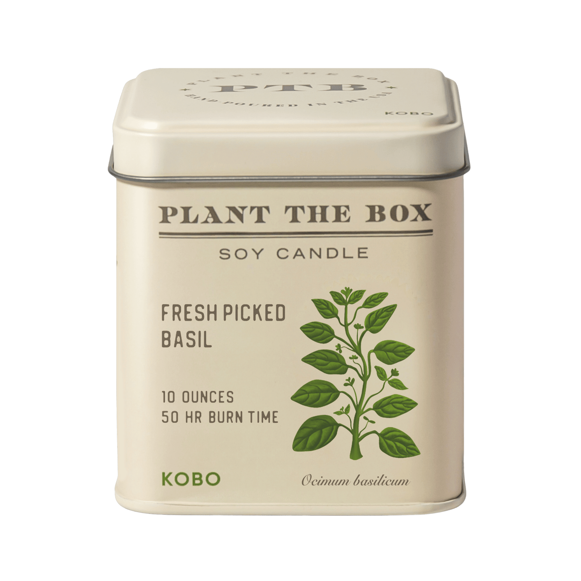 Front view of Fresh Picked Basil Plant the Box 10 ounce tin candle with basil illustration and 50 hour burn time